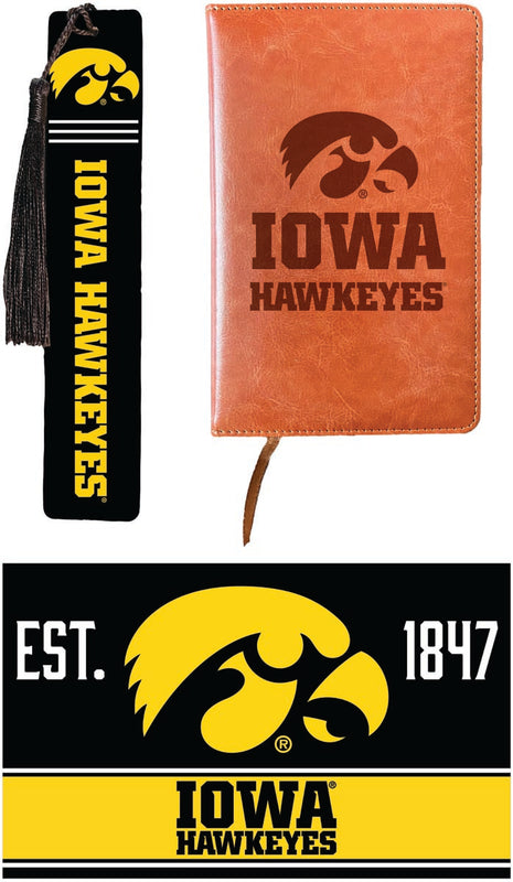 Iowa Hawkeyes Officially Licensed Reader Pack - Wooden Bookmark, Engraved Leather Journal & 5x7 Wood Sign