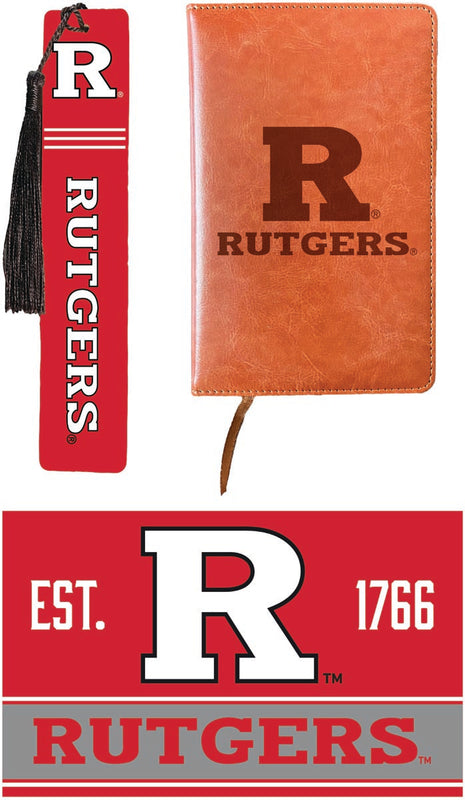 Rutgers Scarlet Knights Officially Licensed Reader Pack - Wooden Bookmark, Engraved Leather Journal & 5x7 Wood Sign