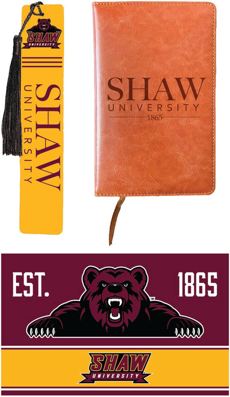 Shaw University Bears Officially Licensed Reader Pack - Wooden Bookmark, Engraved Leather Journal & 5x7 Wood Sign