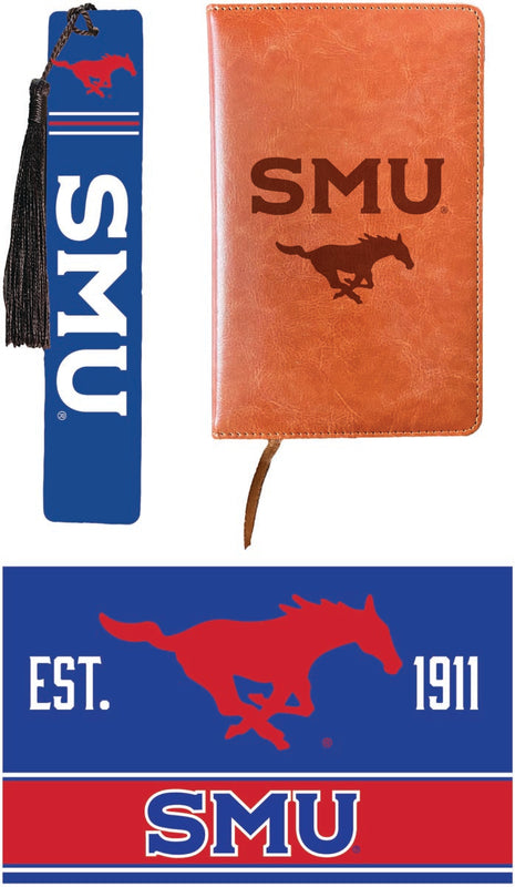 Southern Methodist University Officially Licensed Reader Pack - Wooden Bookmark, Engraved Leather Journal & 5x7 Wood Sign