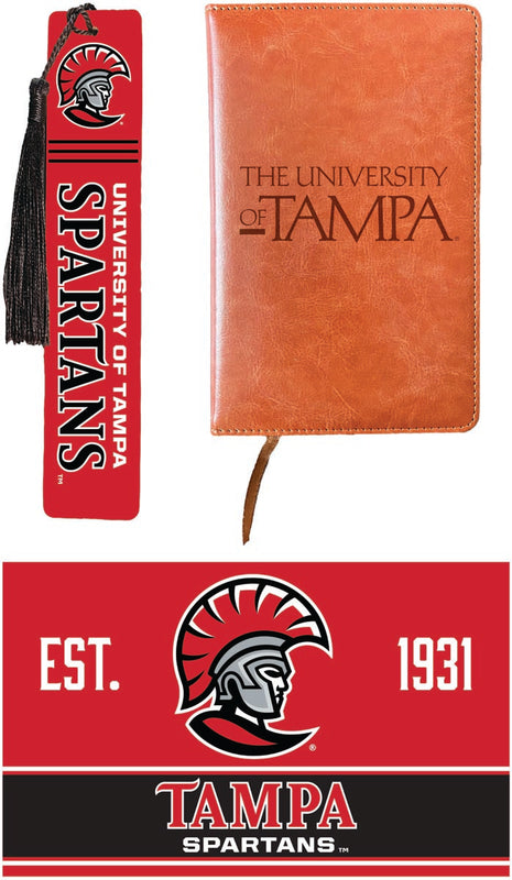 University of Tampa Spartans Officially Licensed Reader Pack - Wooden Bookmark, Engraved Leather Journal & 5x7 Wood Sign