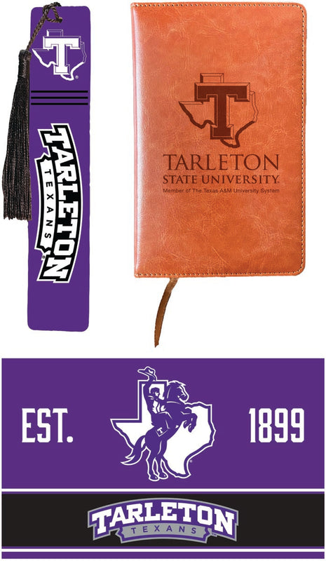 Tarleton State University Officially Licensed Reader Pack - Wooden Bookmark, Engraved Leather Journal & 5x7 Wood Sign