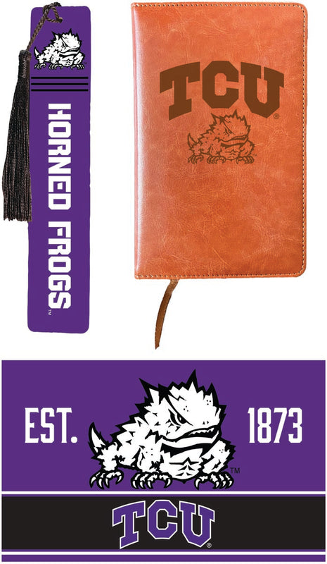 Texas Christian University Officially Licensed Reader Pack - Wooden Bookmark, Engraved Leather Journal & 5x7 Wood Sign