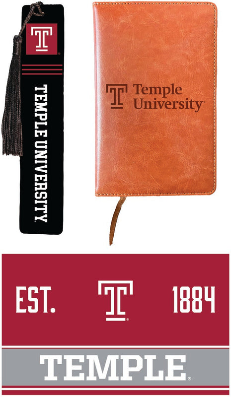 Temple University Officially Licensed Reader Pack - Wooden Bookmark, Engraved Leather Journal & 5x7 Wood Sign