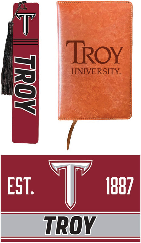 Troy University Officially Licensed Reader Pack - Wooden Bookmark, Engraved Leather Journal & 5x7 Wood Sign