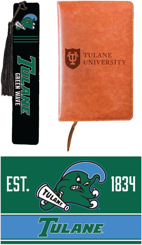 Tulane University Green Wave Officially Licensed Reader Pack - Wooden Bookmark, Engraved Leather Journal & 5x7 Wood Sign