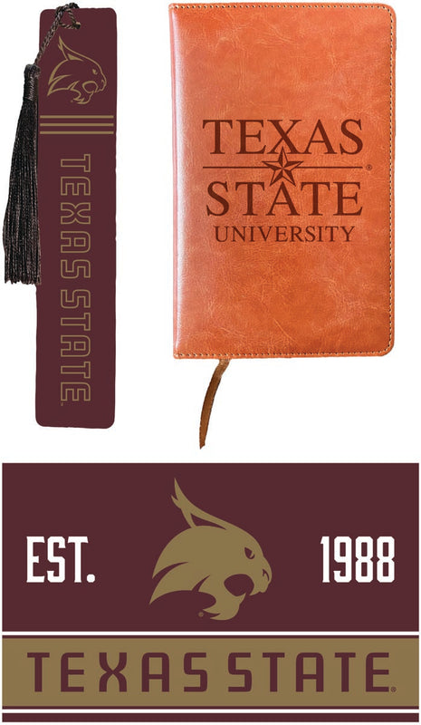Texas State Bobcats Officially Licensed Reader Pack - Wooden Bookmark, Engraved Leather Journal & 5x7 Wood Sign