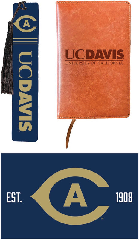 UC Davis Aggies Officially Licensed Reader Pack - Wooden Bookmark, Engraved Leather Journal & 5x7 Wood Sign