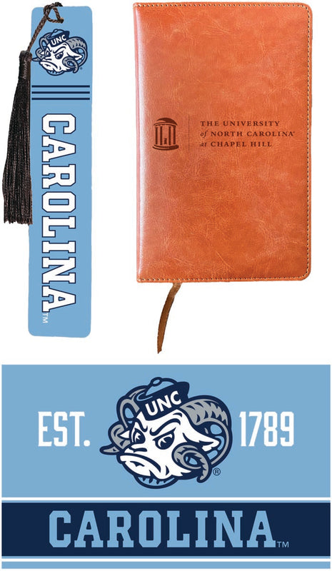 UNC Tar Heels Officially Licensed Reader Pack - Wooden Bookmark, Engraved Leather Journal & 5x7 Wood Sign