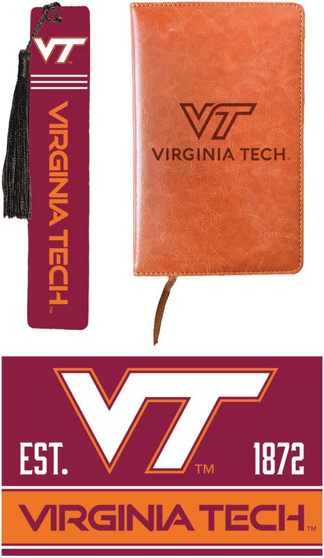 Virginia Tech Hokies Officially Licensed Reader Pack - Wooden Bookmark, Engraved Leather Journal & 5x7 Wood Sign