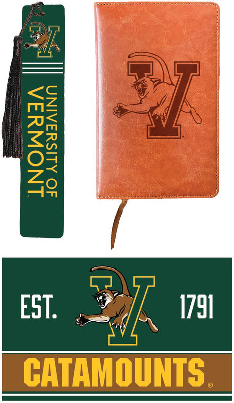 Vermont Catamounts Officially Licensed Reader Pack - Wooden Bookmark, Engraved Leather Journal & 5x7 Wood Sign