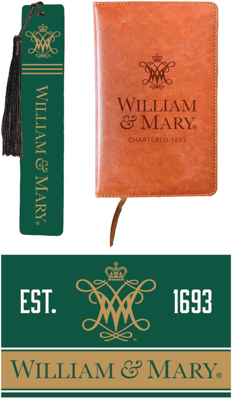 William and Mary Officially Licensed Reader Pack - Wooden Bookmark, Engraved Leather Journal & 5x7 Wood Sign