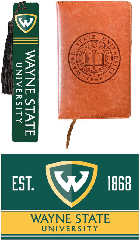 Wayne State Officially Licensed Reader Pack - Wooden Bookmark, Engraved Leather Journal & 5x7 Wood Sign