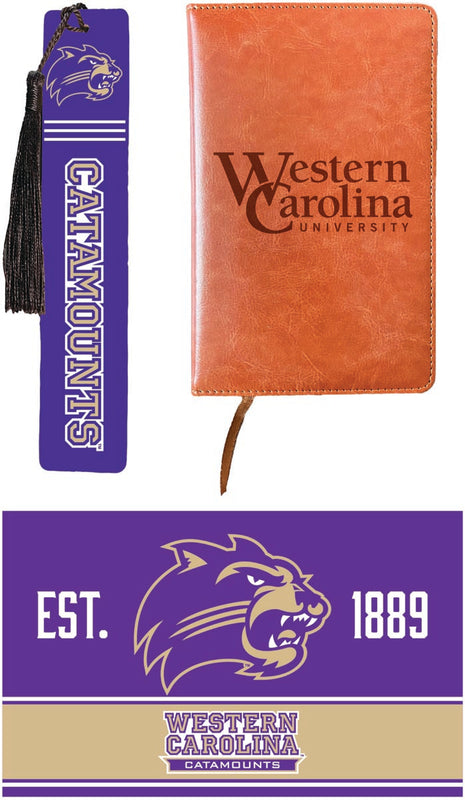 Western Carolina University Officially Licensed Reader Pack - Wooden Bookmark, Engraved Leather Journal & 5x7 Wood Sign