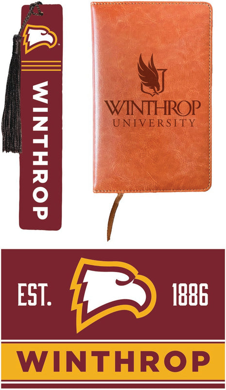 Winthrop University Officially Licensed Reader Pack - Wooden Bookmark, Engraved Leather Journal & 5x7 Wood Sign