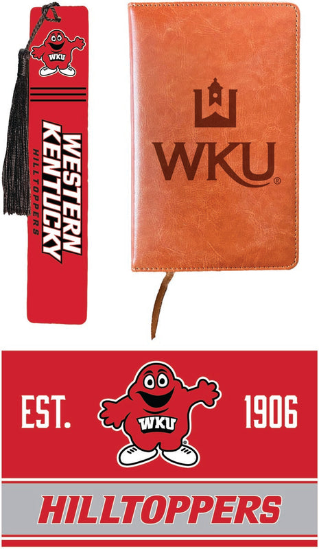 Western Kentucky Hilltoppers Officially Licensed Reader Pack - Wooden Bookmark, Engraved Leather Journal & 5x7 Wood Sign