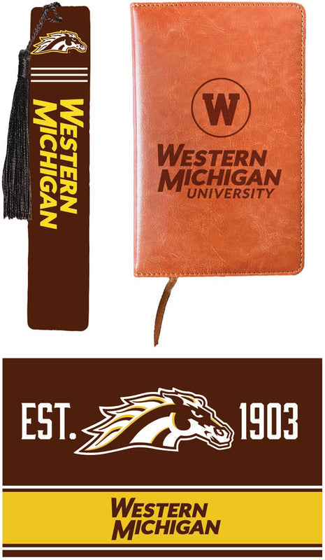 Western Michigan University Officially Licensed Reader Pack - Wooden Bookmark, Engraved Leather Journal & 5x7 Wood Sign