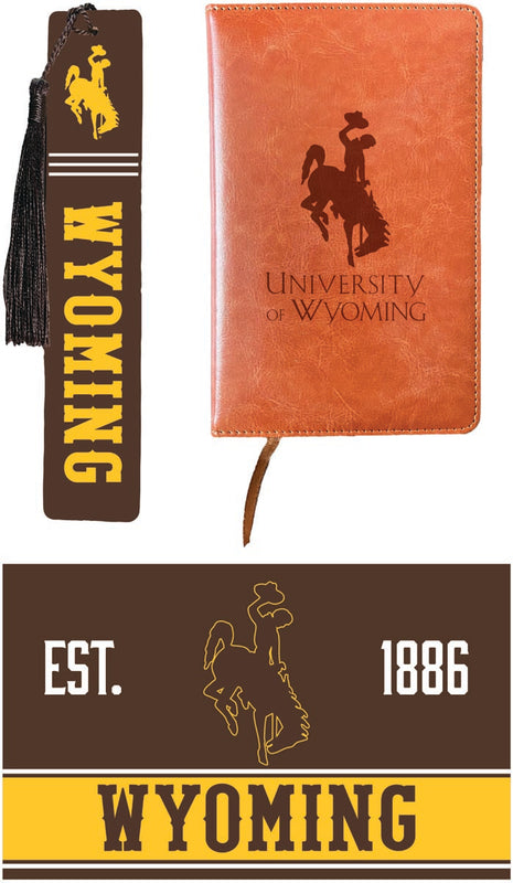 University of Wyoming Officially Licensed Reader Pack - Wooden Bookmark, Engraved Leather Journal & 5x7 Wood Sign
