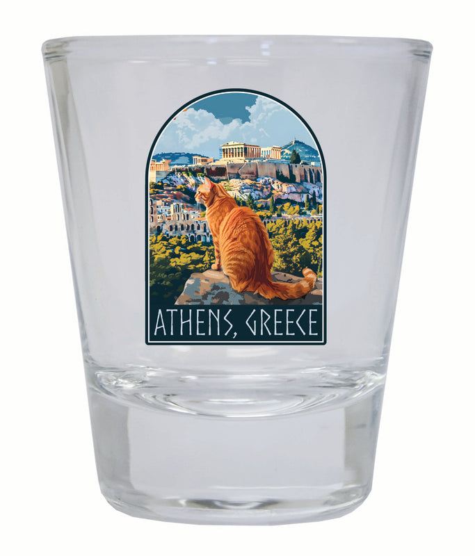 Athens Greece Cat Acropolis Design Souvenir 2 Ounce Shot Glass Round Clear 2-Pack
