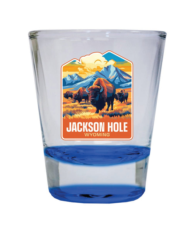 Jackson Hole Wyoming Souvenir 2 oz Blue Shot Glass Round or Square Blue