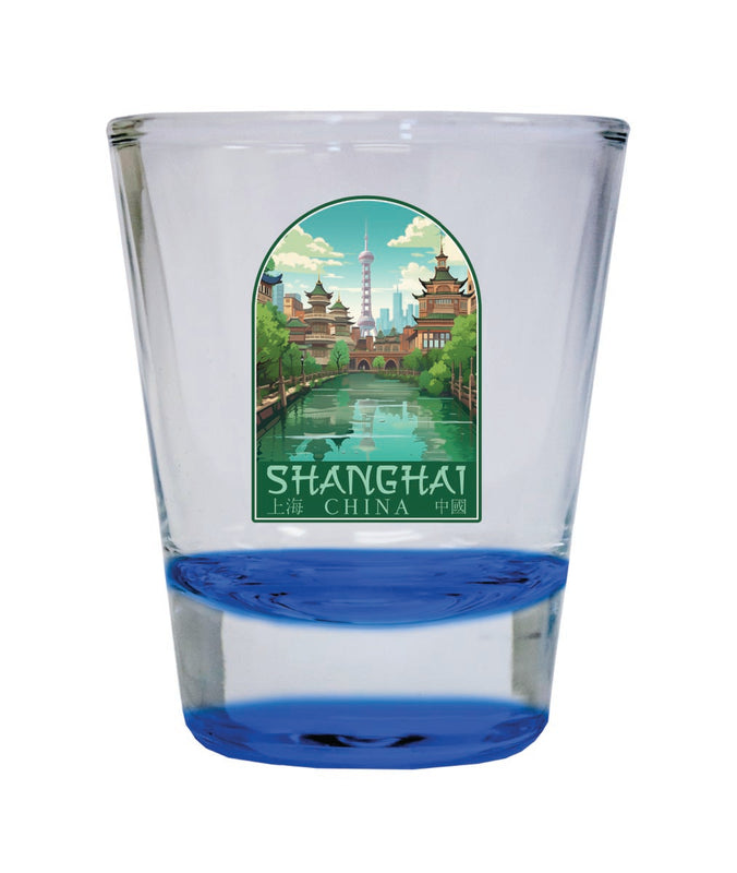 Shanghai China Souvenir 2 oz Blue Shot Glass Round or Square Blue