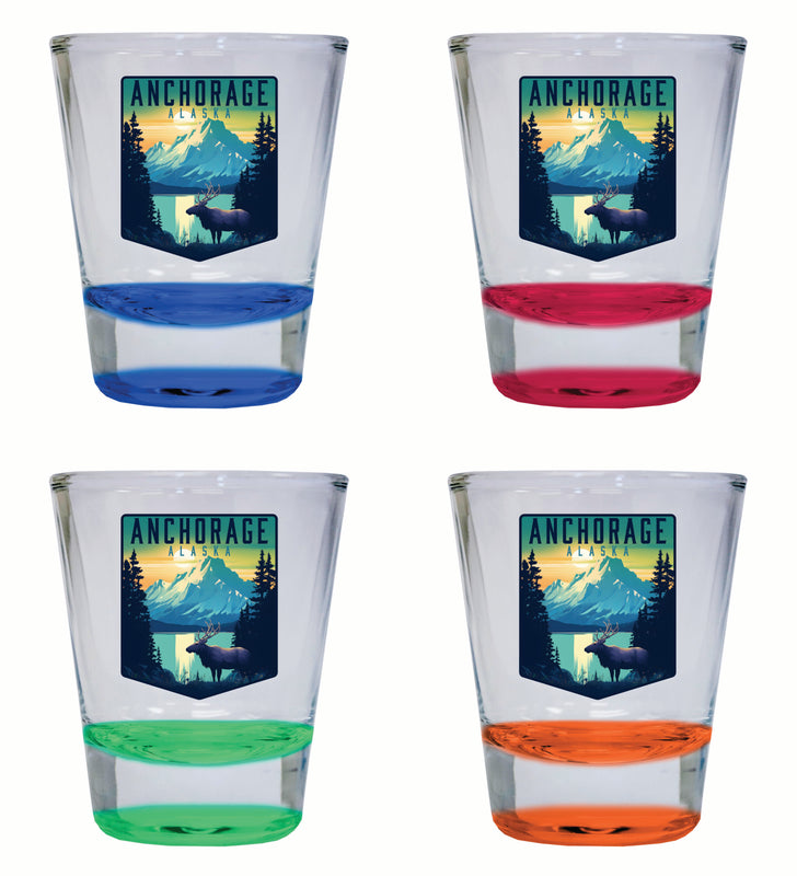 Anchorage Alaska Moose and Mountains Design Souvenir 2 Ounce Shot Glass Round 4-Pack Multicolor