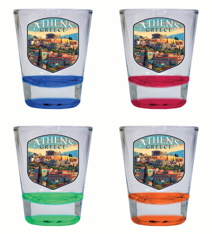 Athens Greece Acropolis Cityscape Design Souvenir 2 Ounce Shot Glass Round 4-Pack Multicolor