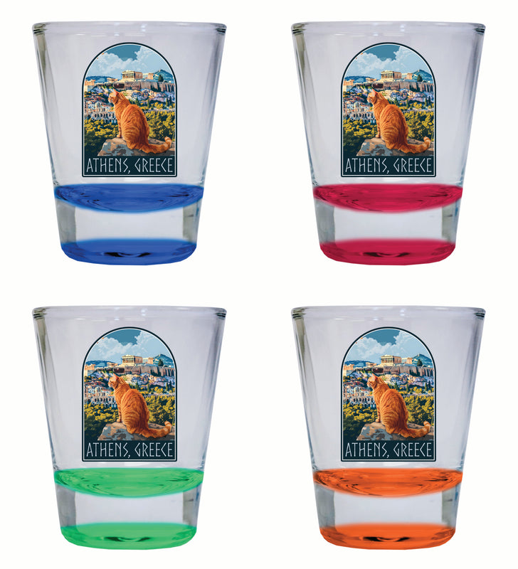 Athens Greece Cat Acropolis Design Souvenir 2 Ounce Shot Glass Round 4-Pack Multicolor