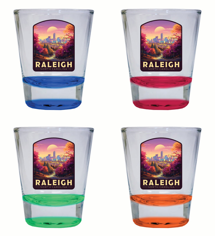 Raleigh North Carolina City of Oaks Design Souvenir 2 Ounce Shot Glass Round 4-Pack Multicolor