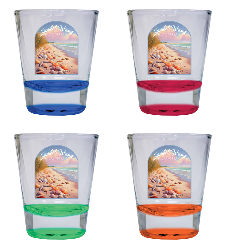 Sanibel Island Florida Design B Souvenir 2 Ounce Shot Glass Round 4-Pack Multicolor