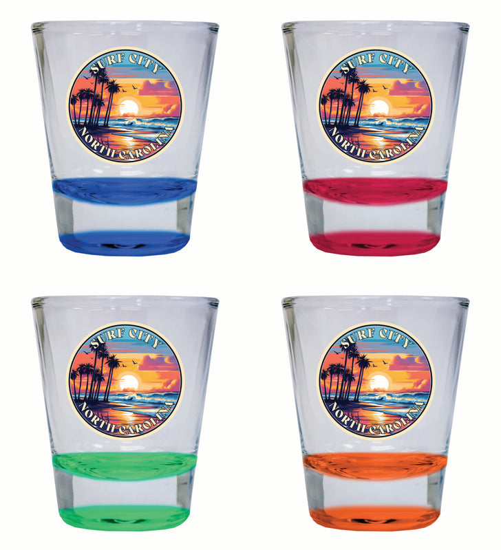 Surf City North Carolina Palm Sunset Design Souvenir 2 Ounce Shot Glass Round 4-Pack Multicolor