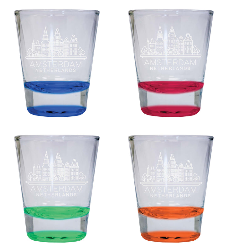 Amsterdam Netherlands Souvenir 2 Ounce Engraved Shot Glass Round 4-Pack Multicolor