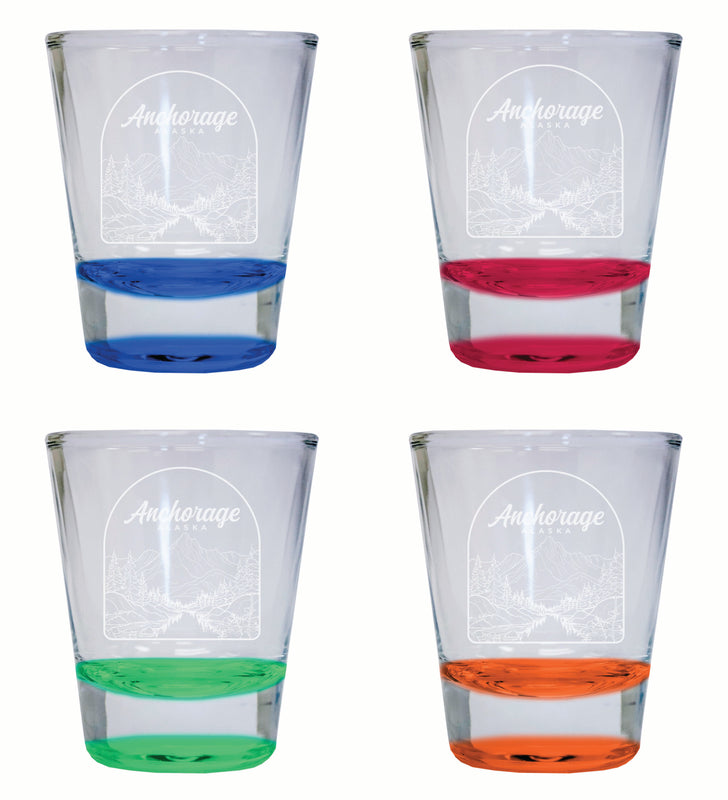 Anchorage Alaska Souvenir 2 Ounce Engraved Shot Glass Round 4-Pack Multicolor