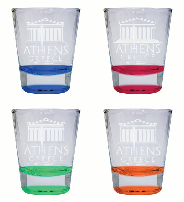 Athens Greece Souvenir 2 Ounce Engraved Shot Glass Round 4-Pack Multicolor