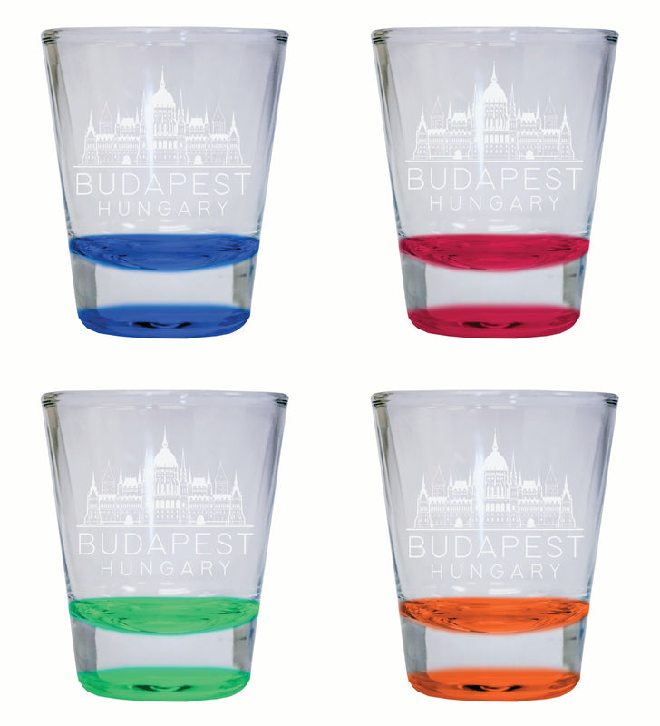 Budapest Hungary Souvenir 2 Ounce Engraved Shot Glass Round 4-Pack Multicolor