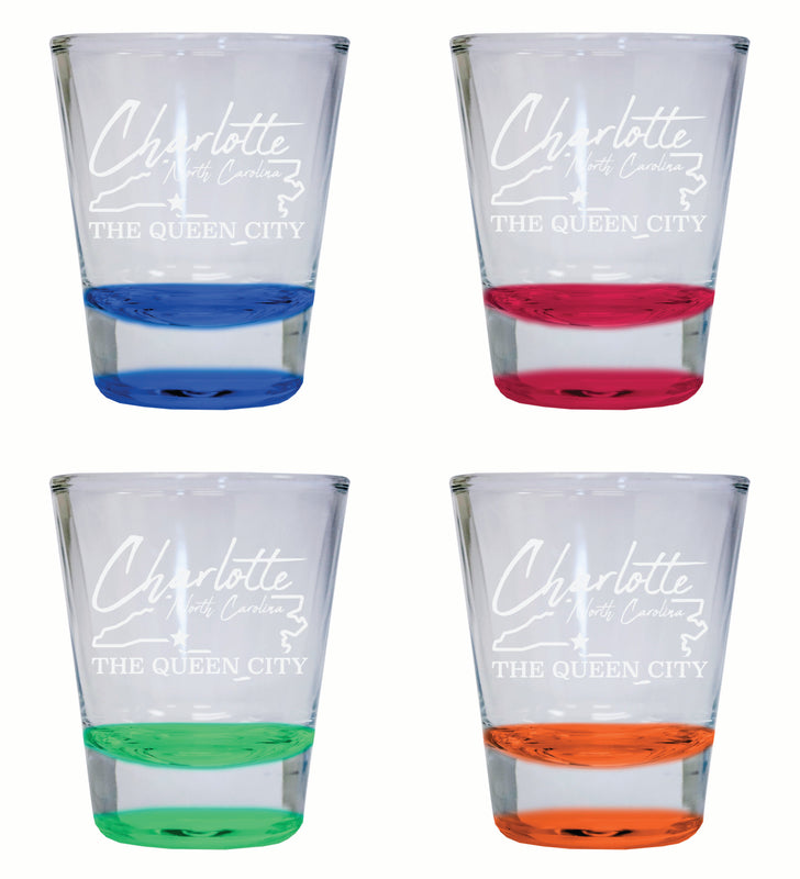 Charlotte North Carolina Souvenir 2 Ounce Engraved Shot Glass Round 4-Pack Multicolor