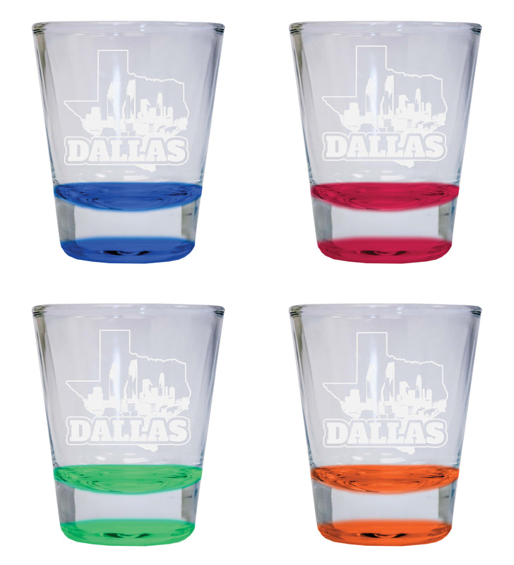 Dallas Texas Souvenir 2 Ounce Engraved Shot Glass Round 4-Pack Multicolor