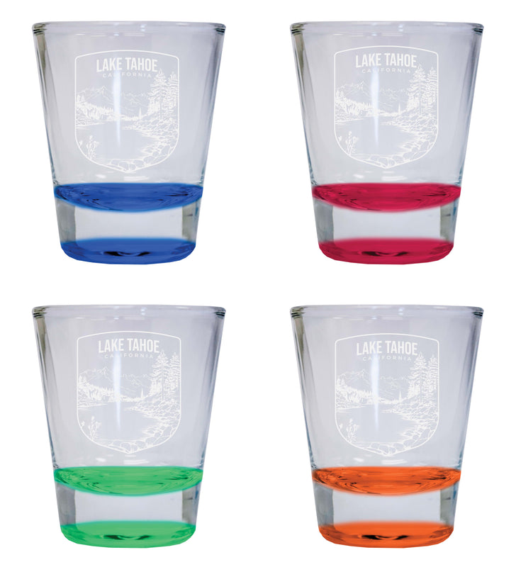 Lake Tahoe California Souvenir 2 Ounce Engraved Shot Glass Round 4-Pack Multicolor