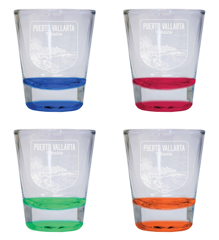 Puerto Vallarta Mexico Souvenir 2 Ounce Engraved Shot Glass Round 4-Pack Multicolor