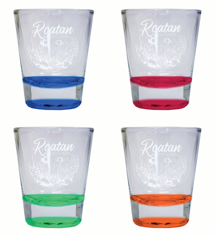 Roatan Honduras Souvenir 2 Ounce Engraved Shot Glass Round 4-Pack Multicolor