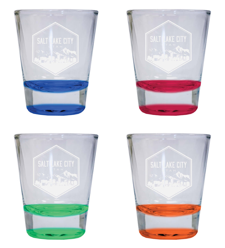 Salt Lake City Utah Souvenir 2 Ounce Engraved Shot Glass Round 4-Pack Multicolor