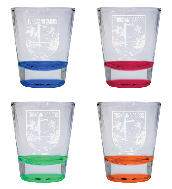 Turks and Caicos Islands Souvenir 2 Ounce Engraved Shot Glass Round 4-Pack Multicolor