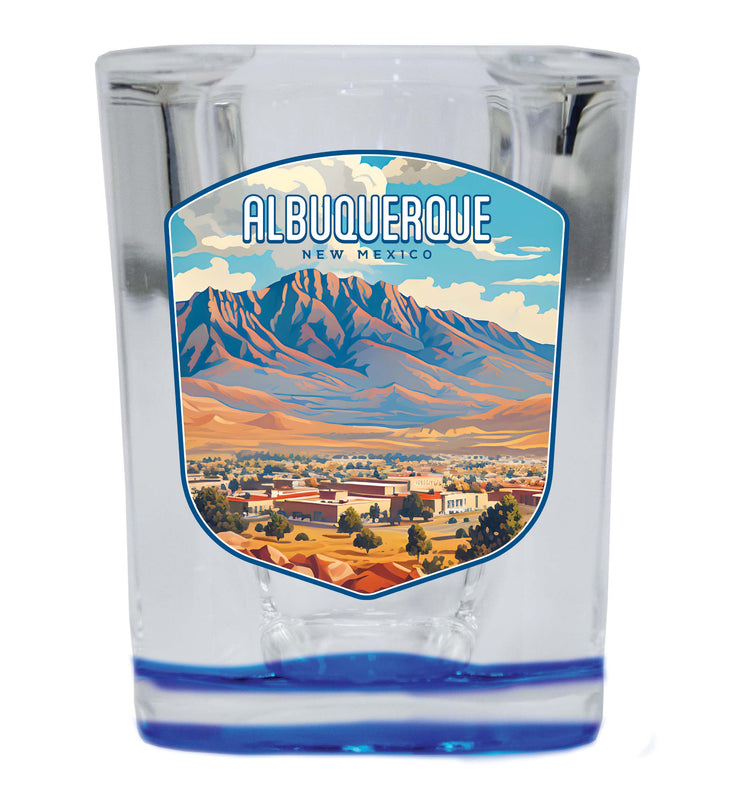 Alburqueque New Mexico Design A Souvenir 2 Ounce Shot Glass Square Blue Base 4-Pack