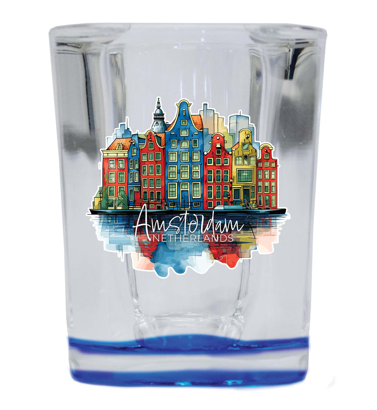 Amsterdam Netherlands Design C Souvenir 2 Ounce Shot Glass Square Blue Base 2-Pack