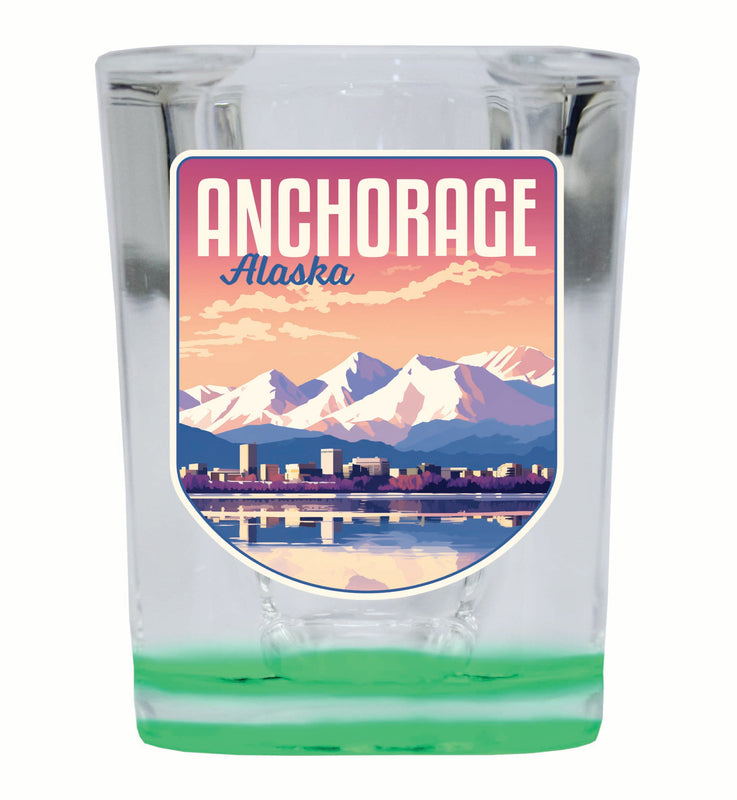 Anchorage Alaska Aesthetic Cityscape Design Souvenir 2 Ounce Shot Glass Square Green Base 4-Pack