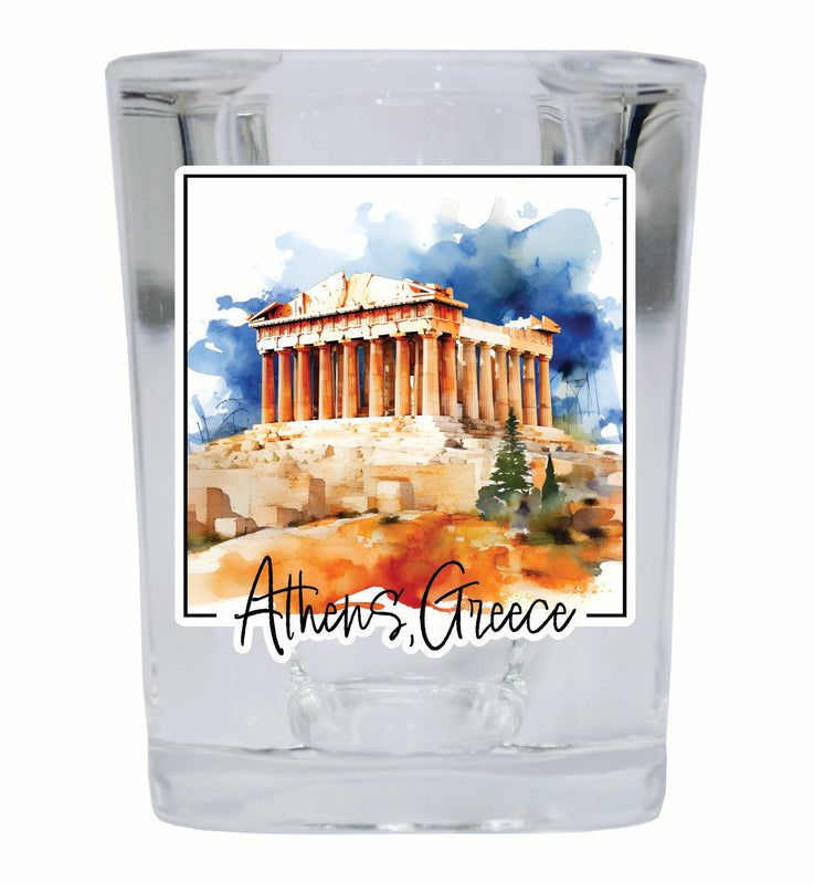 Athens Greece Watercolor Acropolis Design Souvenir 2 Ounce Shot Glass Square 2-Pack