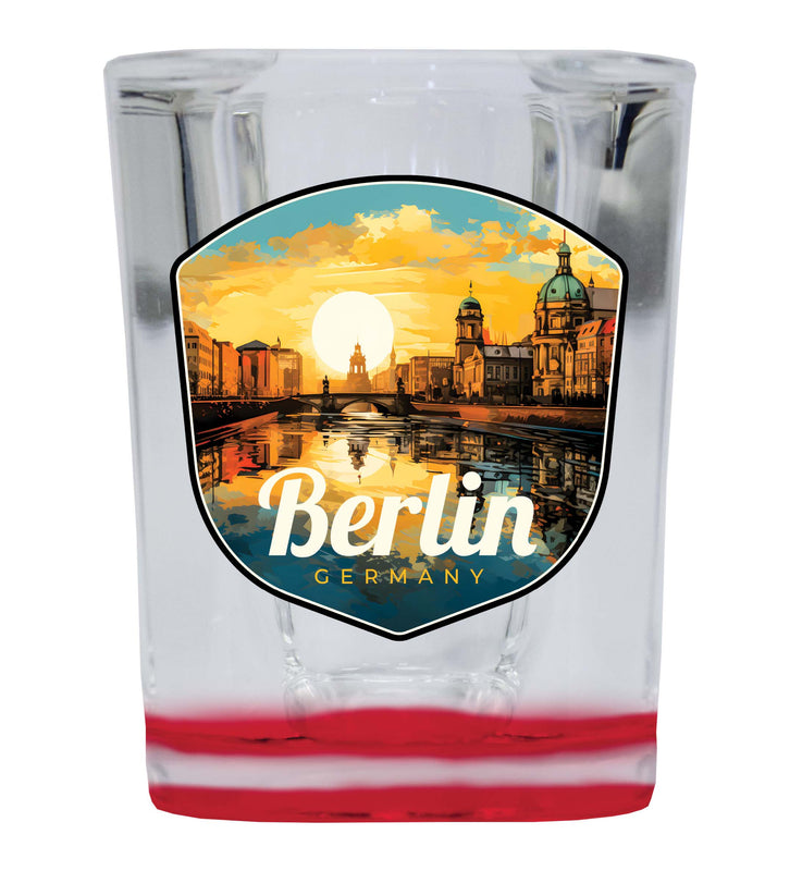 Berlin Germany Design C Souvenir 2 Ounce Shot Glass Square Red Base 4-Pack