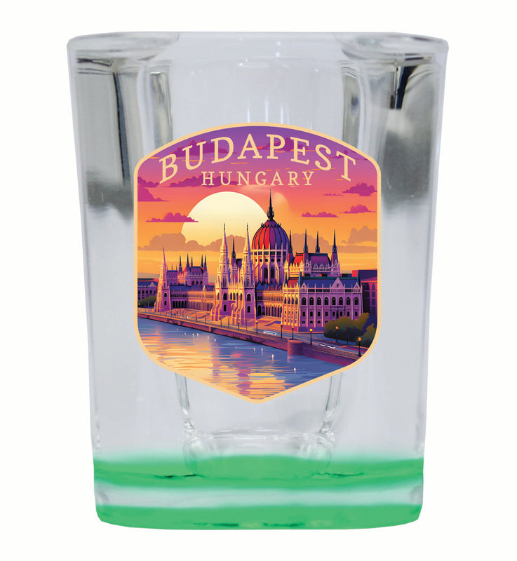 Budapest Hungary Parliament Building Design Souvenir 2 Ounce Shot Glass Square Green Base 2-Pack