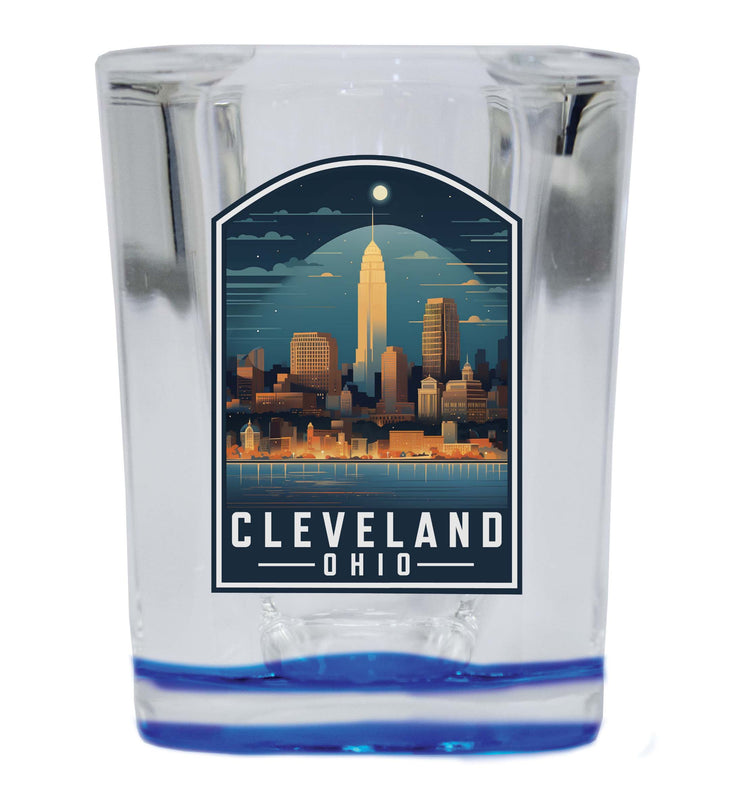 Cleveland Ohio Design A Souvenir 2 Ounce Shot Glass Square Blue Base 4-Pack