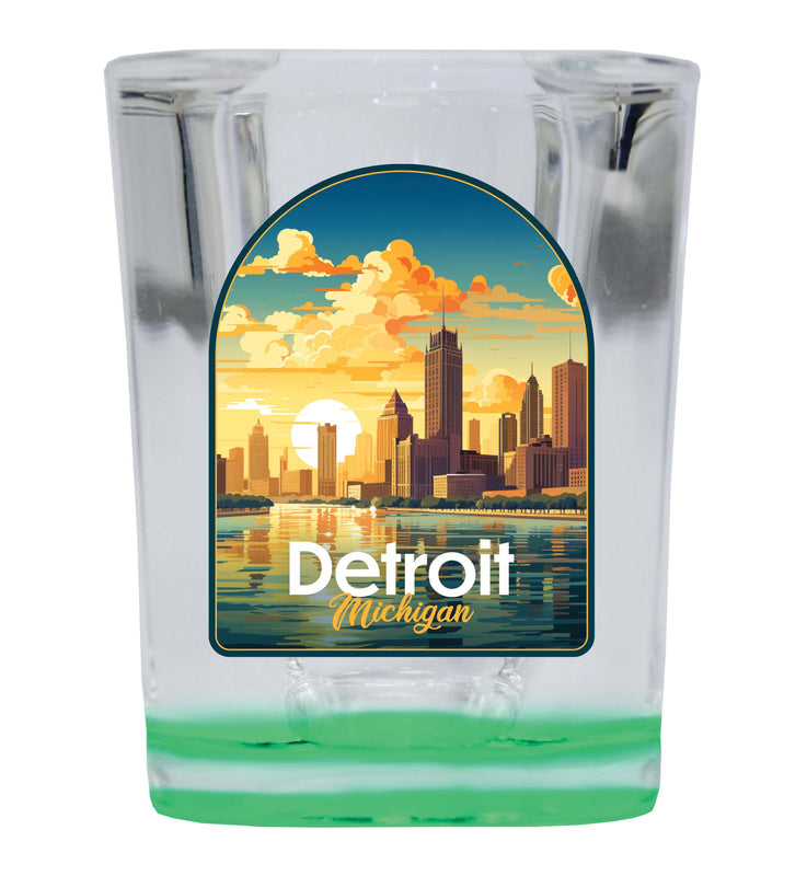 Detroit Michigan Design B Souvenir 2 Ounce Shot Glass Square Green Base 4-Pack